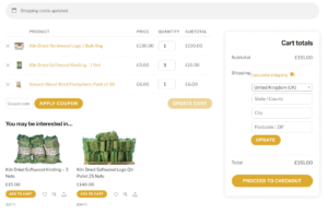 A screenshot of a Premier Logs order showing where to insert your postcode to calculate any delivery costs
