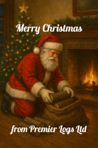 Vintage living room scene with Father Christmas unloading Premier Logs for under the Christmas tree, in front of a roaring hot fire