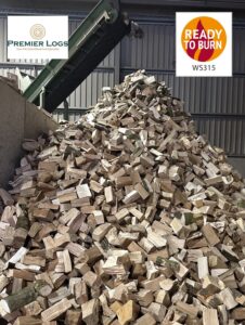 Premier Logs split log pile, showing Premier Logs logo in left hand corner and Woodsure Ready to Burn logo in right corner