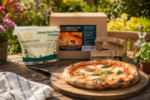 Premier Pizza Oven Logs set out on a table with Premier Logs Natural Wood Wool Firelighters and a wood fired pizza in the foreground