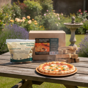 Premier Logs Pizza Oven Logs and Natural Wood Wool Firelighters, on a wooden picnic table in a garden in summer